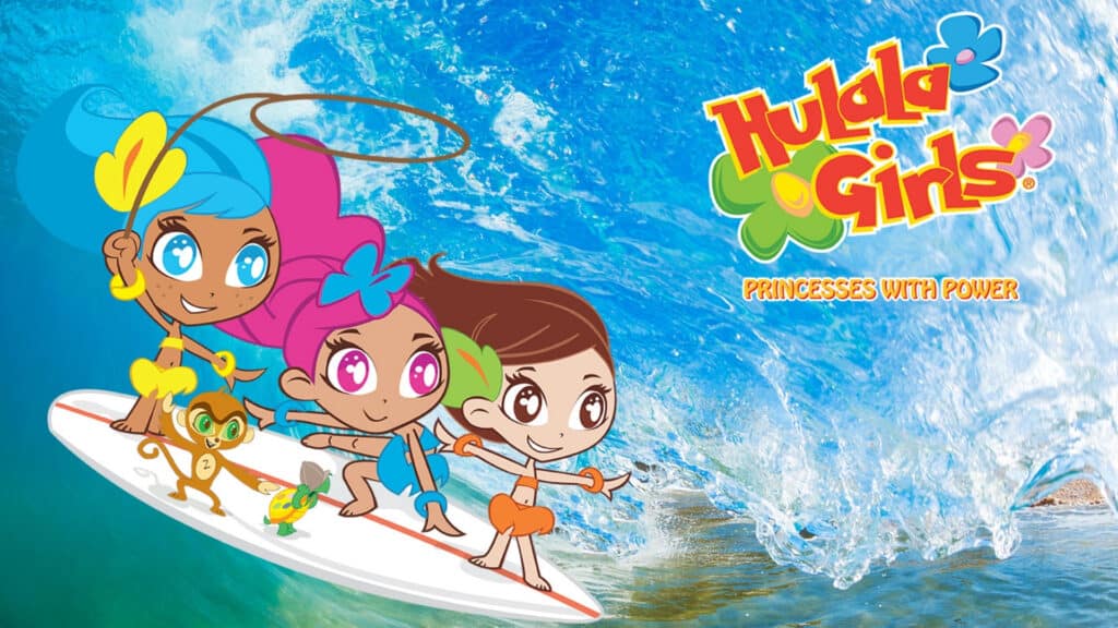 Hulala Girls, Princesses With Power signature poster with Hana, Mele and Skye surfing with Zulu the monkey and a turtle
